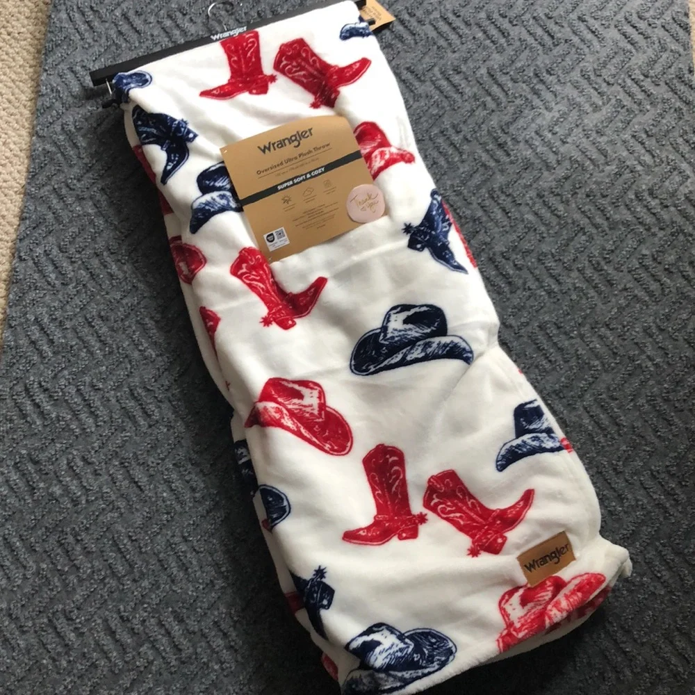 Wrangler Red and Blue Cowboy Boot and Hat Print Plush Throw